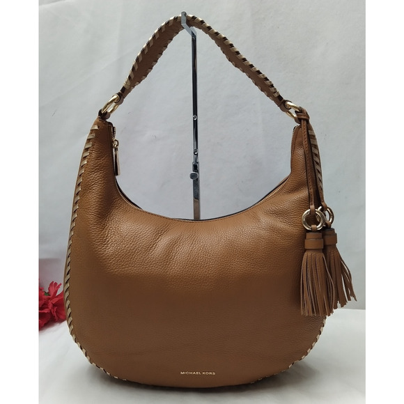 Michael Kors Lauryn Luggage Brown Leather Woven Strap Shoulder Bag - Picture 1 of 16